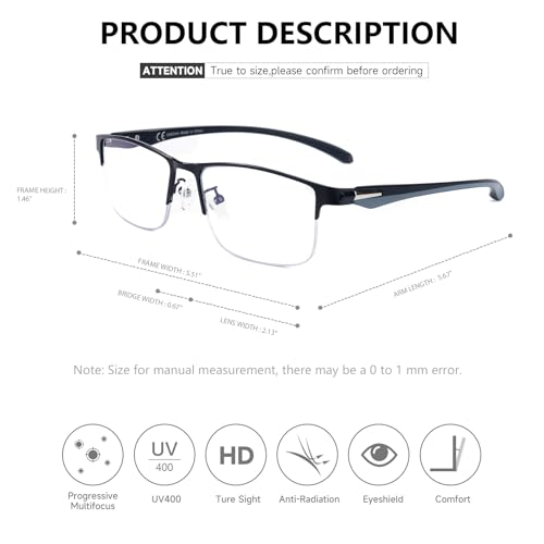 SKYOAK 2 Pack Mens Premium Progressive Multifocus Reading Glasses, TR90 Temples Blue Light Blocking Anti UV/Eye Strain Com...