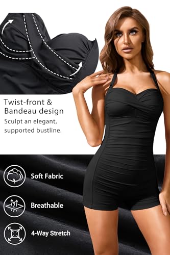 Tempt Me Women Tummy Control One Piece Swimsuits with Shorts Boyleg Retro Bathing Suit Halter Swimwear