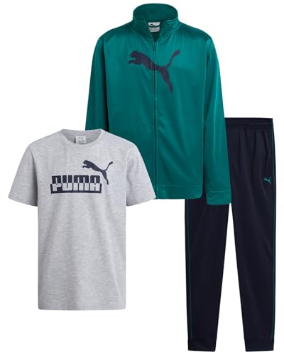PUMA Boys Pants Set - 3 Piece Athletic T-Shirt, Zip Up Jacket, Jogger Pants - Boys Activewear Tricot Jogset (8-16)