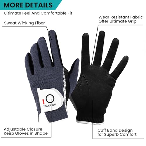 FINGER TEN Premium Rain Grip Men's Golf Gloves 1 Pair, Hot Wet Weather No Sweat Glove for Serious Feel & Performance, Left...