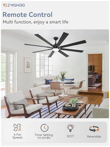 ZMISHIBO 72 inch Large Ceiling Fans with Lights and Remote, Indoor/Outdoor Black Modern Ceiling Fan for Kitchen Living Roo...