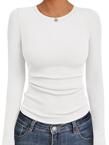 Ekouaer Womens Long Sleeve Shirts Crew Neck Stretchy Fitted Ribbed Tops Basic Base Layer Soft Thermal Undershirts Tee