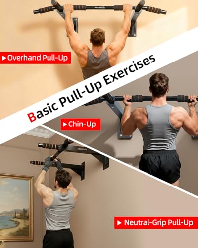 Abahub Wall Mounted Pull Up Bar, Multi-Grip Chin-Up Bar for Home Gym Workout, Drill-installed, Heavy-Duty & Stable Trainin...