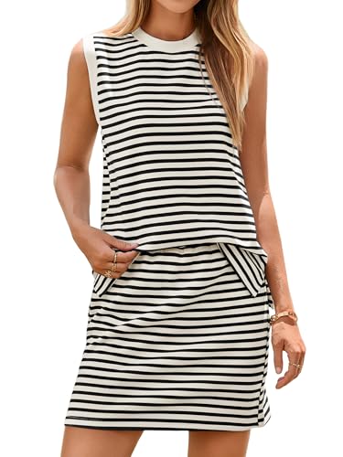 Glamaker Summer 2 Piece Short Skirt Sets For Women Striped Sleeveless Tennis Skorts Travel Vacation Outfit 2026