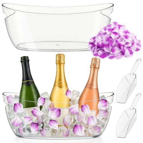 Whalead Ice Buckets for Parties Set of 2 – 5L Clear Beverage Tub with Ice Scoop & Faux Petals, Large Drink Buckets for Win...
