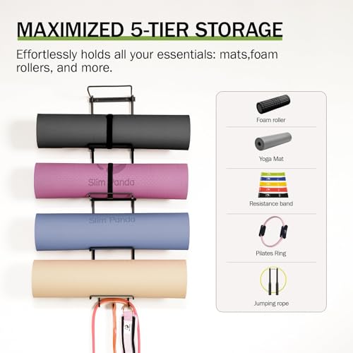 Slim Panda Yoga Mat Holder Wall Mount With Mesh Bag,Yoga Accessories Storage Rack,Home Gym Organizer with 5-Tier & 3 Hooks...