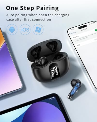 Wireless Earbuds, Bluetooth 5.4 Headphones HiFi Stereo, Ear Buds with 50H Playback, LED Display Wireless Earphones Clear C...