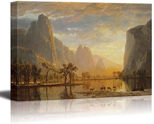 wall26 Canvas Print Wall Art Golden Hour Over Mountain Landscape & Deer Nature Wilderness Illustrations Modern Art Rustic Scenic Colorful Multicolor for Living Room, Bedroom, Office - 16"x24"