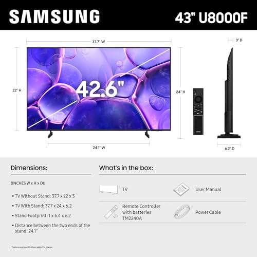Samsung 43-Inch Class Crystal UHD U8000F 4K Smart TV (2025 Model) Endless Free Content, Crystal Processor 4K, MetalStream ...