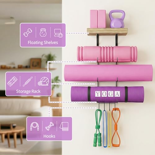 Bikoney Yoga Mat Holder Wall Mount Yoga Mat Storage Home Gym Accessories with Wood Floating Shelves and 4 Hooks for Hangin...