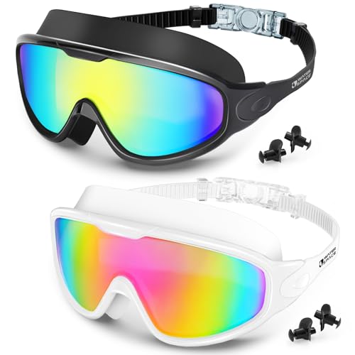 Water Space Swim Goggles 2 Pack for Adult Men Women, Anti-fog UV Protection No Leak 180° Wide View Clear Vision Pool Goggles