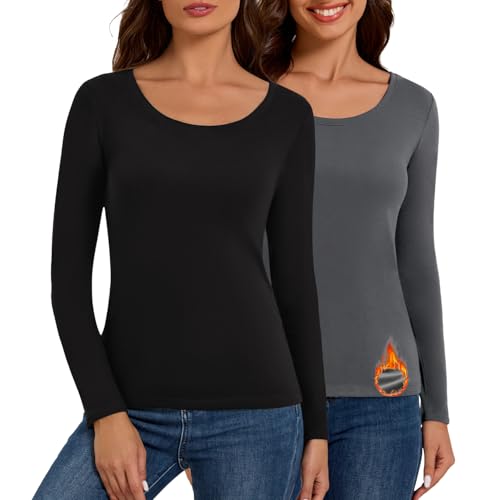 Bonneuitbebe Women's Thermal Shirt 2 Pack Long Sleeve Crewneck Fleece Lined Undershirt Ultra Soft Base Layer Tops