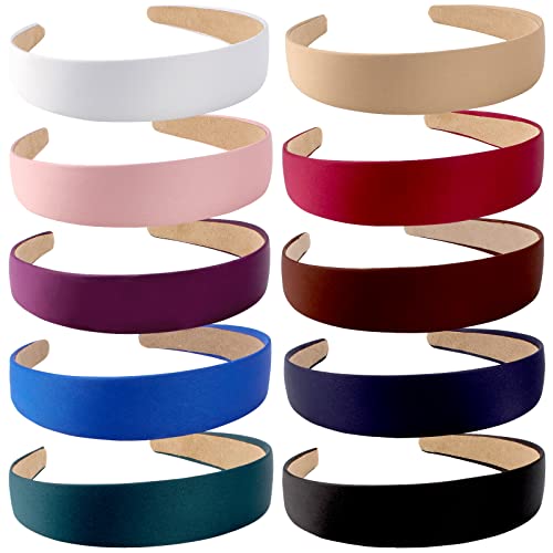 Wecoe 10 Pack Satin Headbands 1.3 Inch Wide Red White Black Pink Purple Headband Women Girls Non Slip Fashion Hair Bands D...