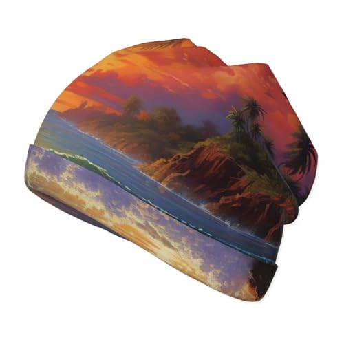Tropical Sunset Print Beanie Hat Soft Thermal Cap Winter Headwear for Cold Indoor Outdoor Activities Black