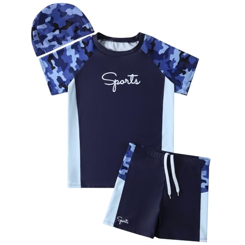 Hotfiary Boys Rash Guard Swimsuits Set Two Piece Short Sleeve Swim Shirts with Trunks Quick Dry Bathing Suit Swimwear 8-15 Y
