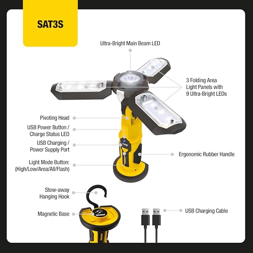 STANLEY SAT3S Rechargeable 600 Lumen Lithium Ion LED Satellite Work Light with USB Power Charger
