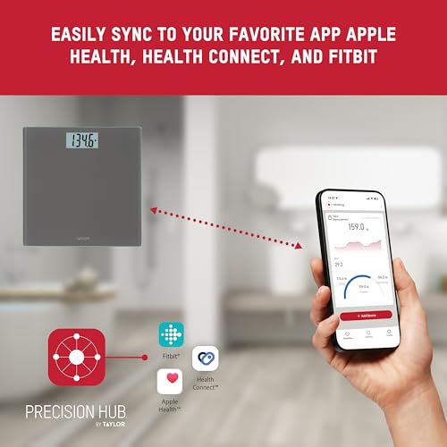 Taylor Smart Bathroom Scale with Precision Hub App, 400 lb Capacity, 8 User Profiles, Bluetooth Sync to 3rd Party Apps, Bo...