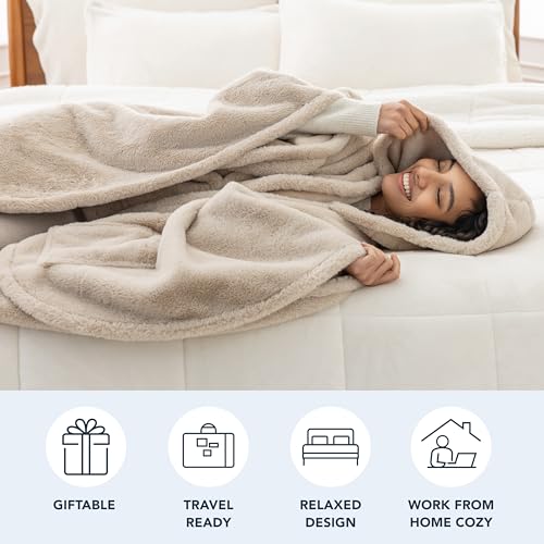 Berkshire Faux Fur Wearable Blanket, Cozy Reversible Loftmink Fleece Shawl with Hood & Side Pockets