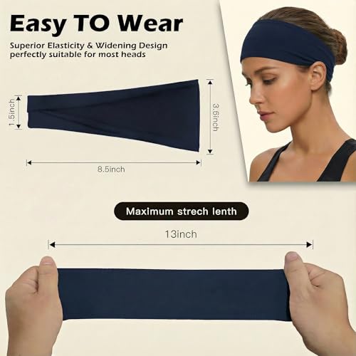 Headbands for Women, 12PCS Wide Stretchy Sports Hair Bands, Elastic Soft Fashion Head Bands, Non-Slip Running Sweatbands f...