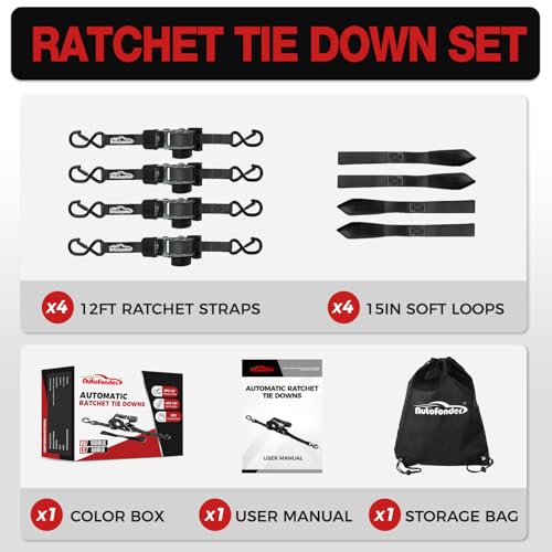 Autofonder Retractable Ratchet Straps with Soft Loops (4 Pack)-(1,500lb Break Strength)-1 Inch x 12 Feet Heavy Duty Auto S...