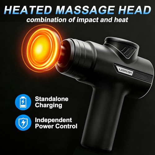 LEERCON Massage Gun with Heat, Deep Tissue Massager Gun Back Massager for Pain Relief with 5 Interchangeable Heads & 6 Spe...