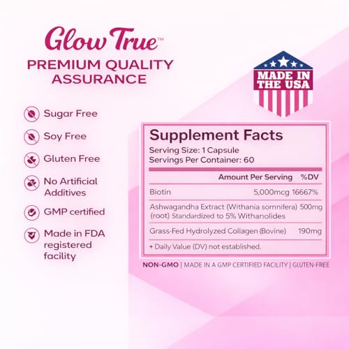 GlowTrue Ashwagandha for Women with Biotin & Collagen – 500mg Female-Optimized Stress & Hormone Support, Hair Skin & Nails...