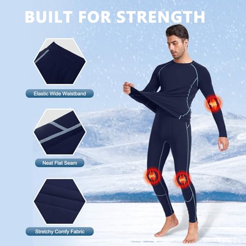 SIMIYA Thermal Underwear Set for Men Long Johns with Fleece Lined Base Layer for Workout Skiing Running Hiking Navy Blue