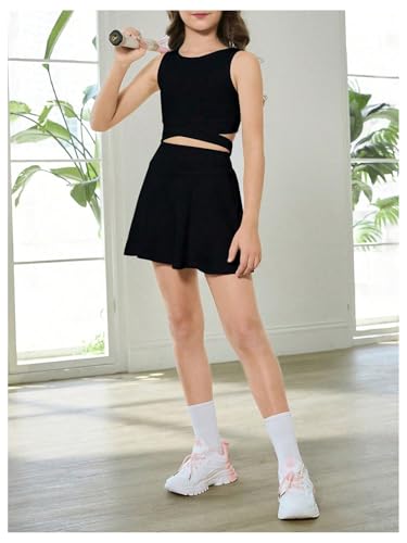 WDIRARA Girl's Workout Outfits Crisscross Crop Tank Top and Flare Skort Skirt Set