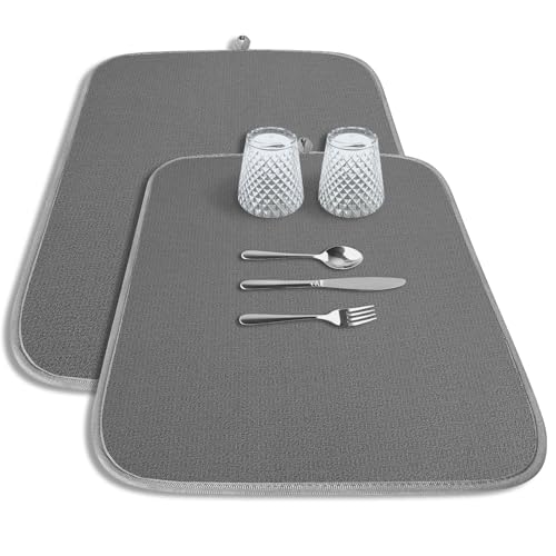 Kitsure Dish Drying Mat - 2-Pack Washable Microfiber Drying Mat for Kitchen Counter, 3-Layer Ultra Absorbent Pad with a Ha...