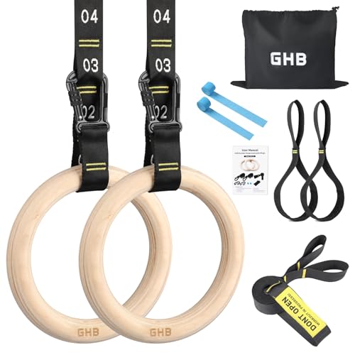 GHB Gymnastic Rings Wooden Gym Rings 1.25" Olympic Rings Adjustable Straps Pull Up Rings Sets for Workout Bodyweight Fitne...