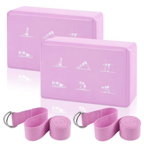 2 Yoga Block and 2 Yoga Strap Set,Non-slip EVA Foam Blocks, High Density Yoga Bricks with 6ft Strap, Supportive Latex-Free...