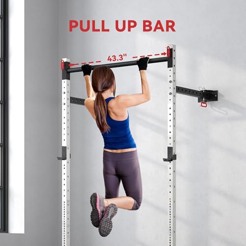 Soozier Folding Squat Rack with Adjustable Pull-Up Bar, 1000 Pounds Capacity Wall Mounted Power Rack, Adjustable Barbell R...