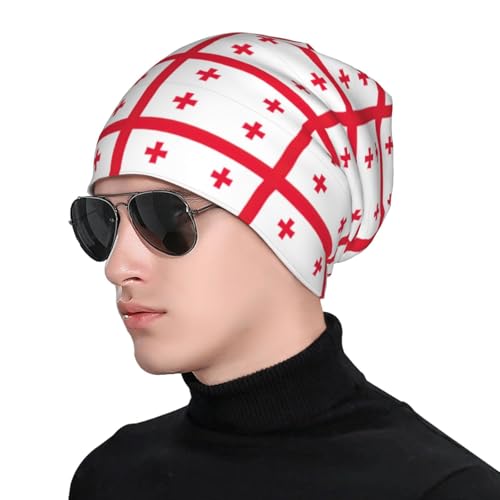 Flag of Georgia Print Beanie Hat for Men and Women Stretchy Slouchy Winter Warm Cap Headwear Accessory Black