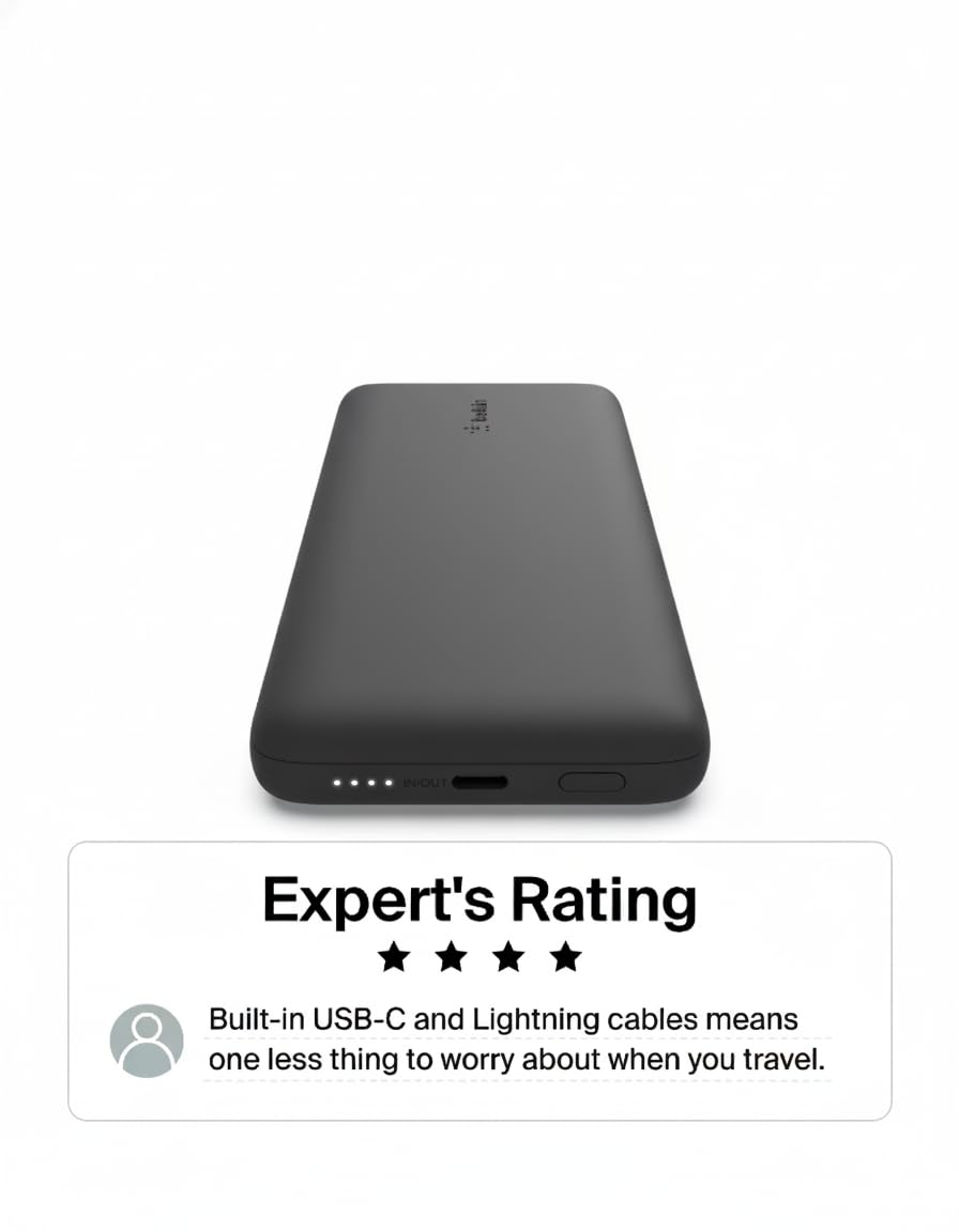 Belkin Portable Charger Power Bank for iPhone/Android - 10,000mAh, 23W Battery Pack for Phone with Integrated USB-C, Lightning Cables - Pass-Through Capability, Charge 2 Devices at Once