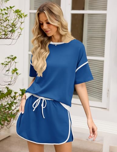 Rapbin Women's 2 Piece Sets Summer Casual Short Sleeve Tops Matching Drawstring Mini Skirt Going Out Lounge Outfits