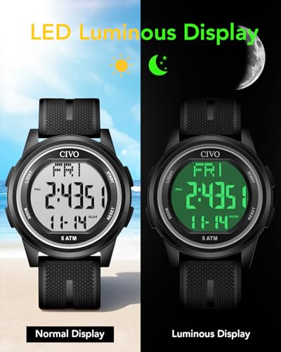 CIVO Digital Watches for Men Women: Sports Waterproof Wristwatch with Stopwatch Alarm Date - LED Backlight Big Numbers Sil...