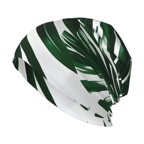 Green Palm Leafs Print Beanie Hat for Men and Women Stretchy Slouchy Winter Warm Cap Headwear Accessory