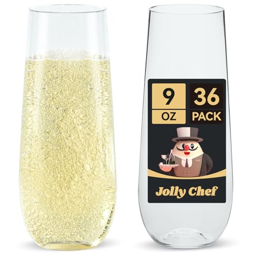 JOLLY CHEF 36 Pack Stemless Plastic Champagne Flutes 9 oz, Crystal Clear Stemless Plastic Toasting Glasses, Clear Disposab...