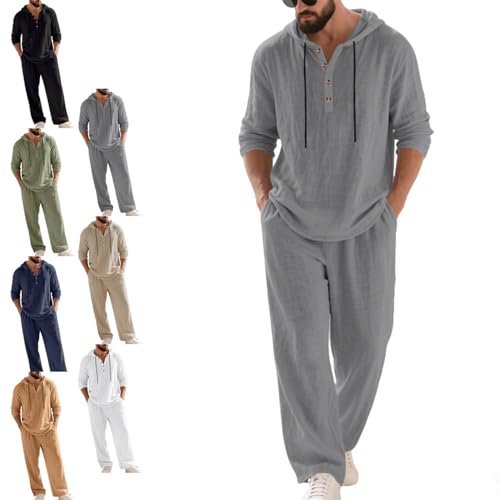 Men's Hooded Casual Loose Top & Pants 2-Piece Set Linen Suit Long Sleeve Hoodie and Sweatpants Summer Outfits Beach Sets
