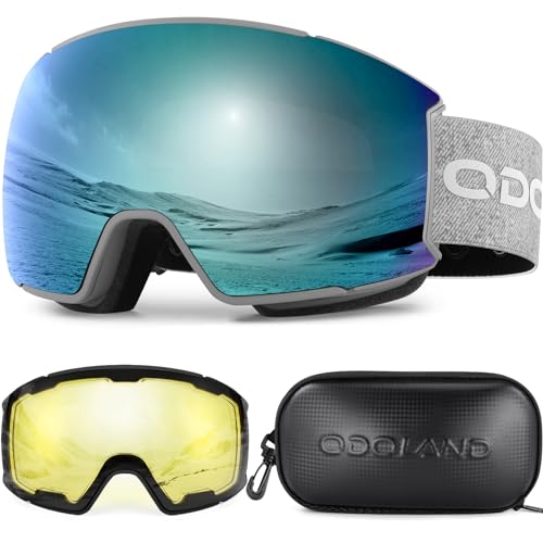 Odoland Magnetic Interchangeable Ski Goggles Set with 2 Lens, Anti-Fog UV Protection Snowboard Snow Goggles for Men Women