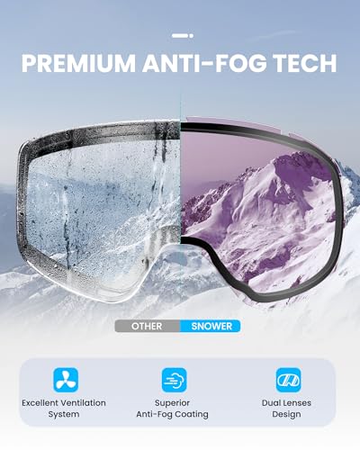 SNOWER Ski Goggles, Spherical OTG Anti-Fog Snow Goggles, HD Snowboard Goggles with UV400 Protection for Men, Women, and Youth