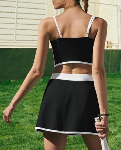 LAMISSCHE Tennis Skirt Sets Women 2 Piece Outfits Yoga Workout Set Skirt and Top Set with Built in Bra & Shorts