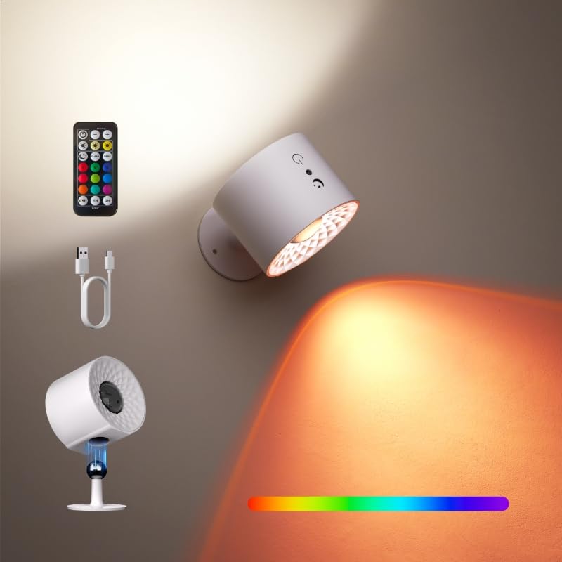 Joyzy Wall Light RGB LED Rechargeable Sconce, Battery Operated, Remote & Touch Control, 1 Pack, White/RGB, Model WL003