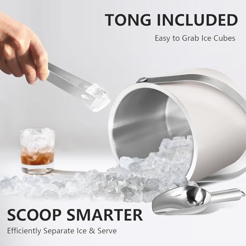 Bakpoco Insulated Ice Bucket with Silicone Lid, Scoop, Tongs & Strainer, 3L Stainless Steel Double Wall Ice Buckets for Pa...