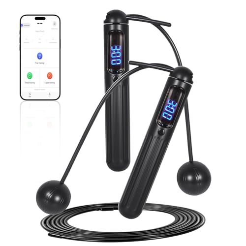 Smart Jump Rope Adjustable Jumping Rope with Weighted Ball Anti Slip Design Wireless Connection LED Display Dual Mode with...
