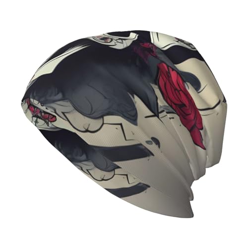 bnvaab Skull Yoga Print Beanie Hat for Men and Women Stretchy Slouchy Winter Warm Cap Headwear Accessory Black