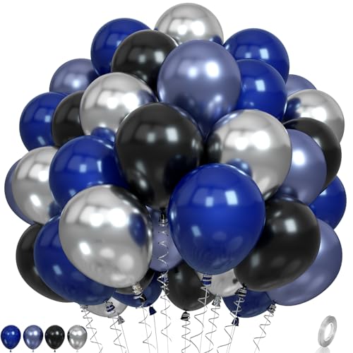 Blue and Black Balloons, Navy Blue and Silver Balloons Metallic Silver Dark Blue Balloon Party Latex Balloon Black Blue Ba...