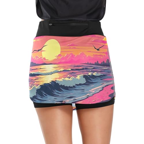 FLildon Sunset Beach Seagulls Tennis Skorts Skirts for Women Workout Athletic Skirt High Waisted with Pocket