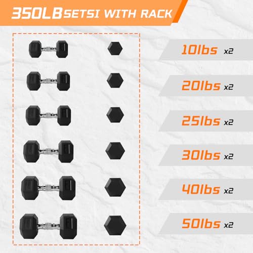 Yufer 6-10 Pair Iron and Rubber Coated Dumbbell Set 350/450/550 lbs 5-50 lbs Hand Free Weight for Strength Hex Rubber Weig...