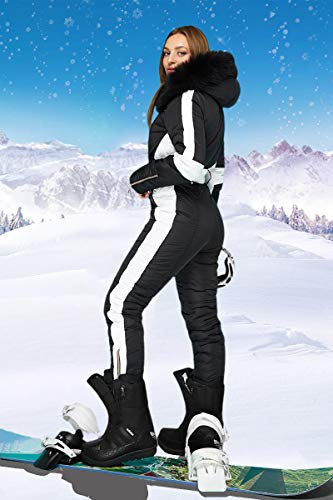 Yousify Womens Snow Suits Winter Ski Suit Onesie Outdoor Sports Waterproof Snowsuit Removable Faux Fur Collar Coat Jumpsuit